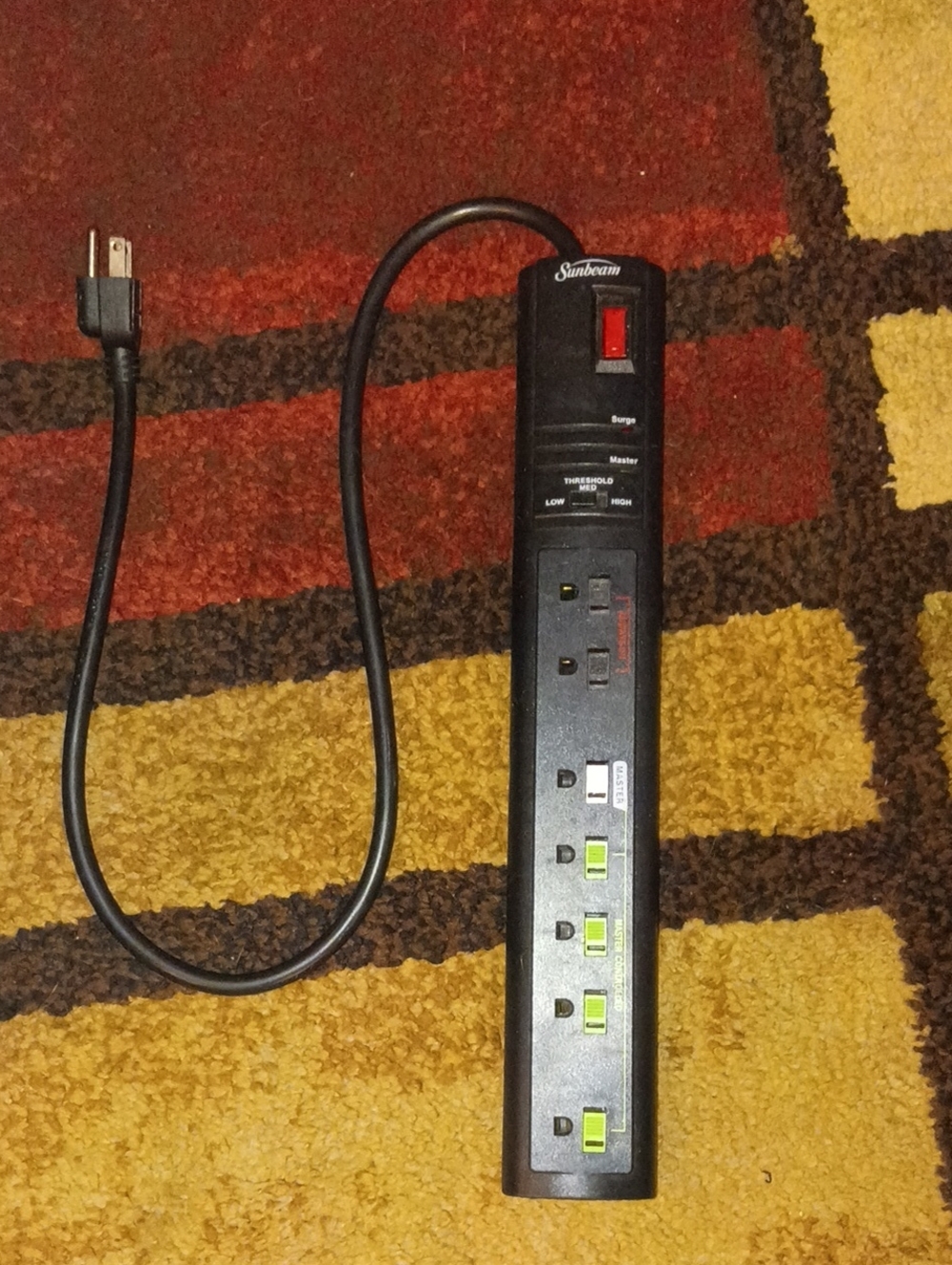 Sunbeam Black Surge Protector Power Strip with Red Switch and Green Indicators